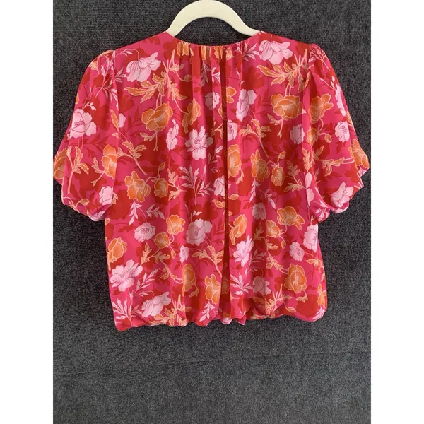 Pleione Pink & Orange Floral V- Neck Blouse Puff Sleeves Size M Coquette - Image 8
