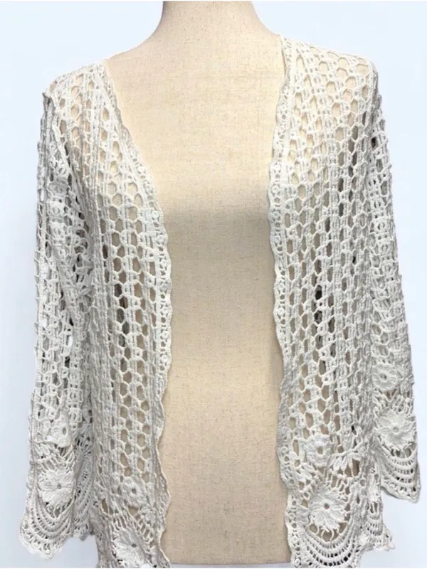 Vintage Style White Crochet Cardigan‎ Open Front Shrug Coquette Boho Knit - Image 2