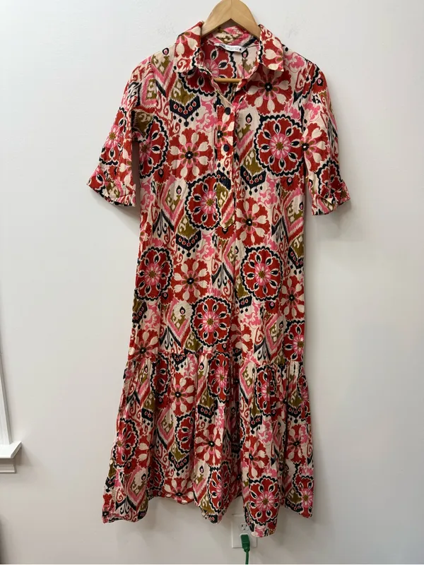 Zara Red and Pink Printed Midi Shirt Dress size S - Image 4