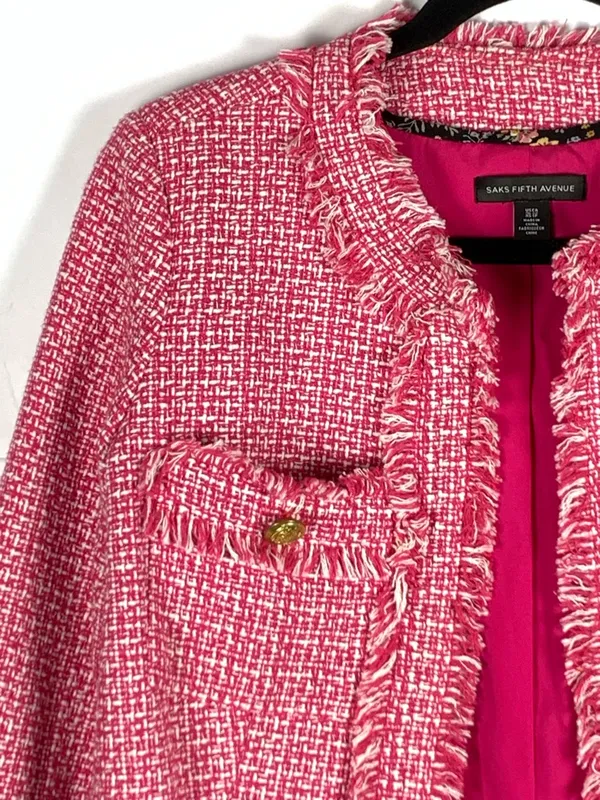 Saks Fifth Avenue Tweed Jacket XS Pink Frayed Trim Open Front Blazer - Image 4