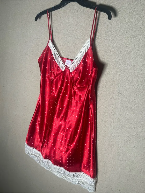 Red Satin dress White lace Trim Chemise slip dress size Medium Lace polkadot - Image 2