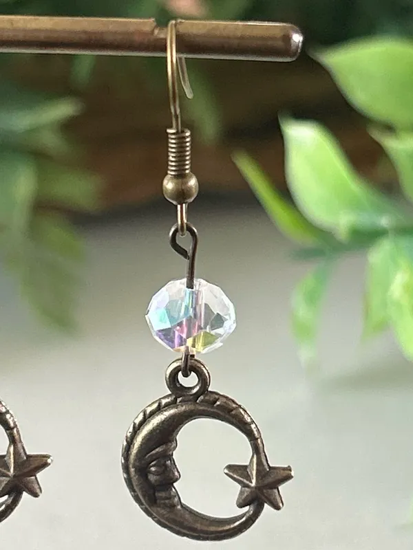 Handmade Celestial Moon & Star Dangle brass Earrings with Iridescent Crystal - Image 3