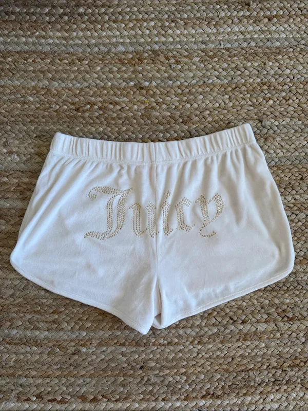 Juicy Couture Cream Shorts with Gold Rhinestone 'Juicy' Logo - Image 2