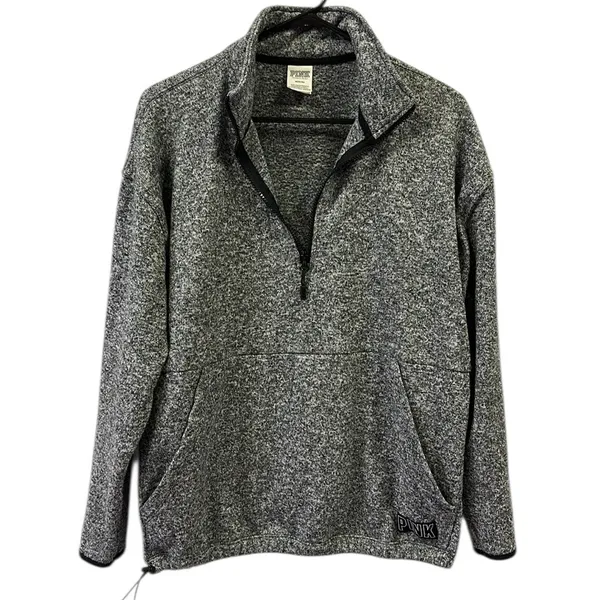 Victorias Secret PINK Heather Gray Quarter Zip Kangaroo Pocket Knit Sweatshirt M - Image 10