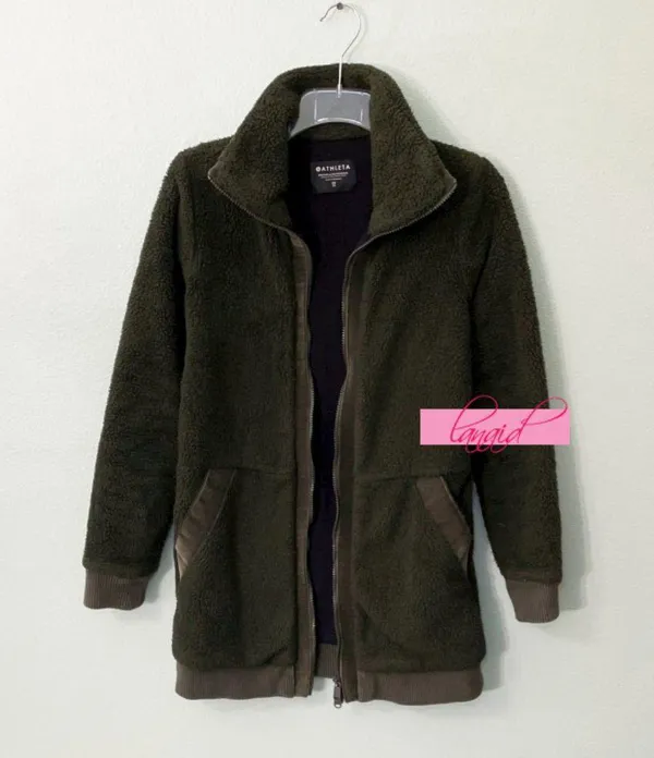 Athleta Tugga Coat Aspen Olive Long Edgy Sherpa Shearling Fuzzy Teddy Jacket XS - Image 7