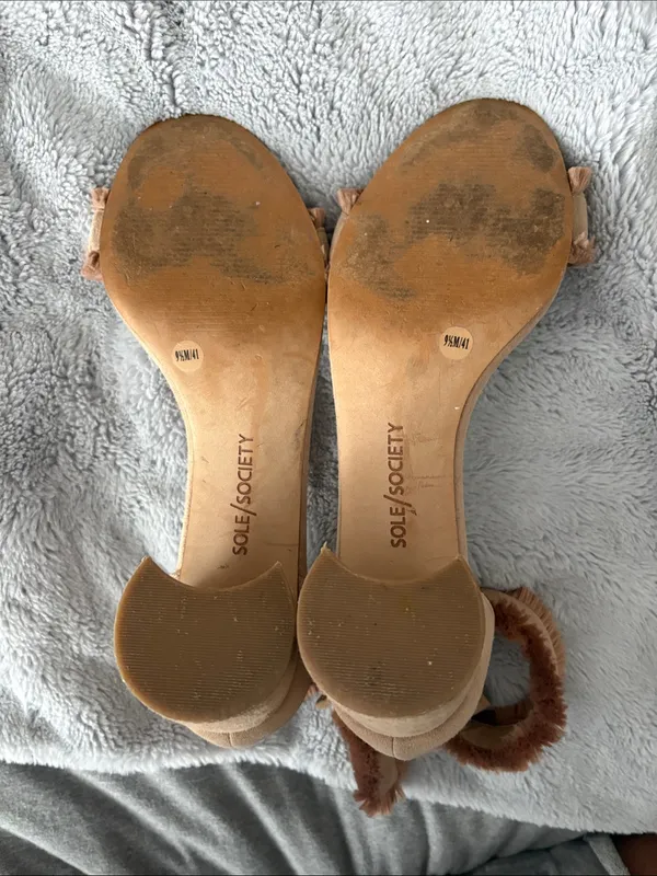 VGC Sole Society Tan Suede Fringe Ankle-Strap Block Heels SIZE 9.5 (41) - Image 10