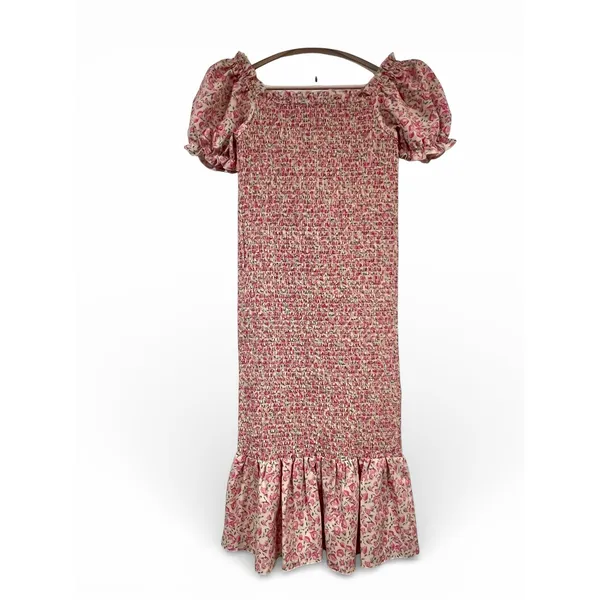 Smocked Pink & White Floral Puff Sleeve Prairie Cottagecore Maxi Dress S - Image 2