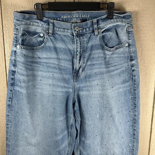 American Eagle Baggy Straight Jeans Womens 14 Blue Studded Super High Rise Denim - Image 2