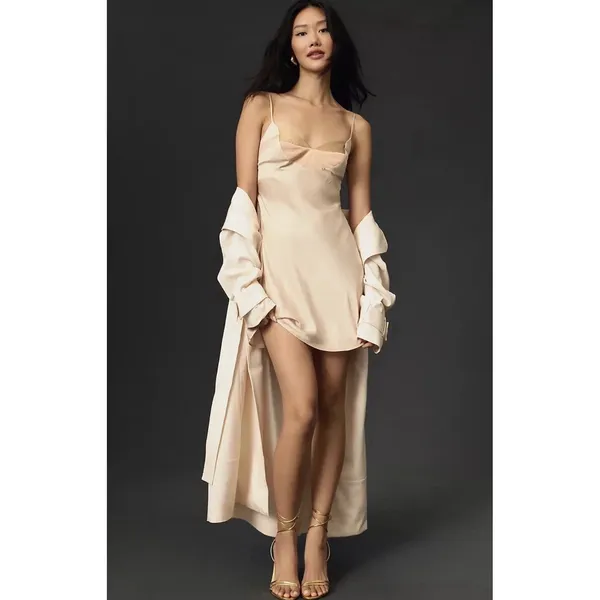 By Anthropologie Colorblock Satin Slip Dress Lounge Wear size XL cream color - Image 4