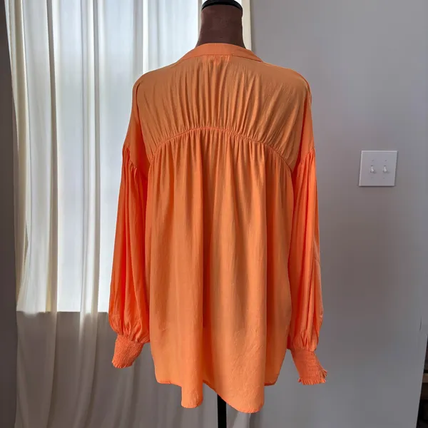Entro Bright Apricot Orange Puff Sleeve Blouse Button Front Semi Sheer Size S - Image 2