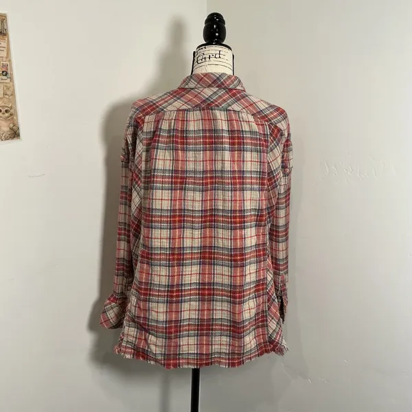 Free People Plaid Button Down Shirt Red Blue Frayed Hem Small Oversized Boho Top - Image 3