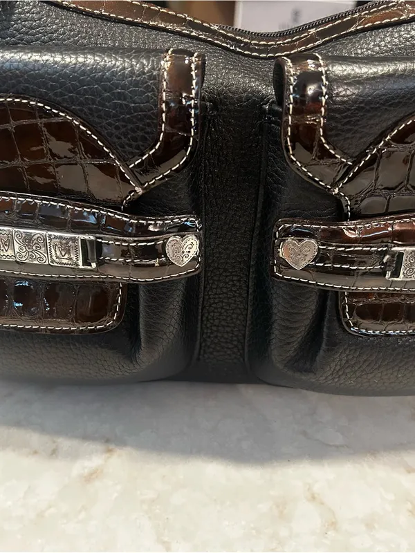 Vintage Brighton Black & Brown Leather Shoulder Bag Embossed Y2K - Image 2