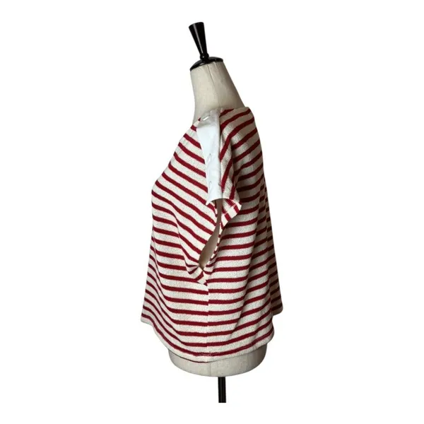 Zara Shirt Women‎ Medium Red White Striped Knit Button Shoulder Top Coastal - Image 7