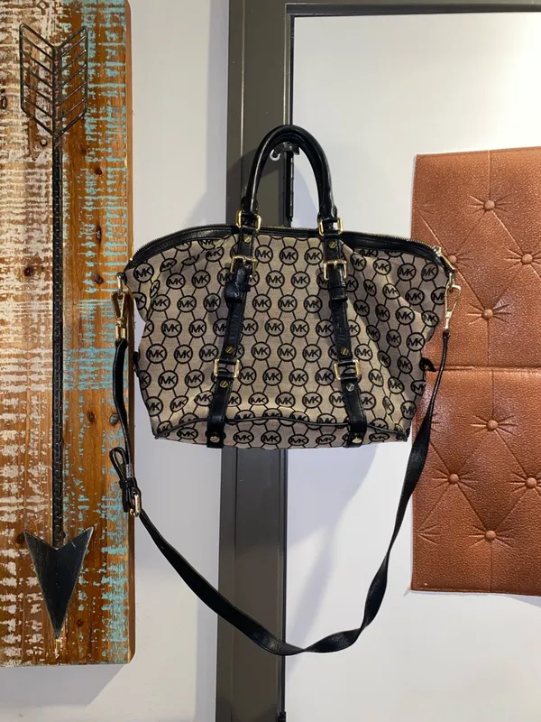 Michael Kors Black and Beige MK Monogram Satchel with Crossbody Strap - Image 16