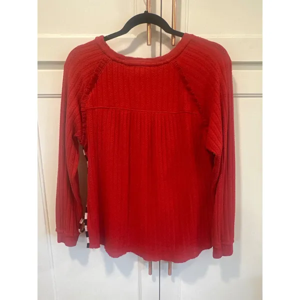 Tru Luxe Jeans Red Textured Knit Top Side Tie Checkered Trim gameday Small - Image 6