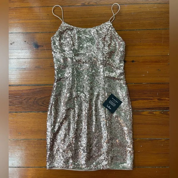 NWT Lulus Gold Sequin Bodycon Mini Dress Spaghetti Strap Party Night Out~S 💚🍄 - Image 7