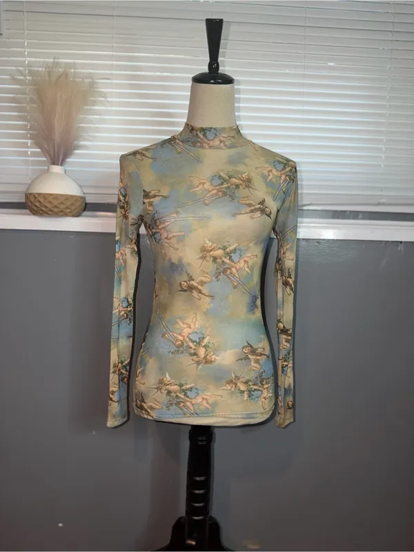 Sweet Lilac XS Cherub Angel Print Sheer Mesh Mock Neck Long Sleeve Top - Image 3