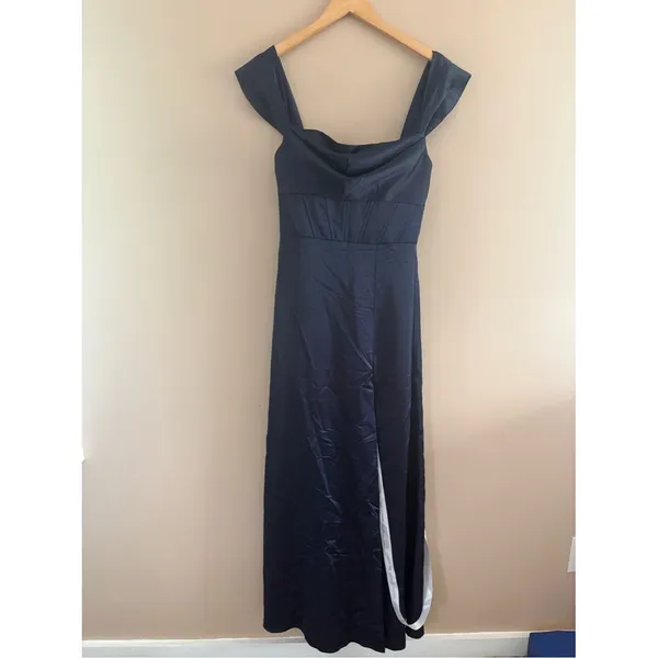 After Six A-Line Satin Maxi Dress Midnight Navy Size 2 Off Shoulder Strapless - Image 5