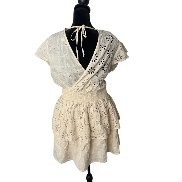 AE Cottagecore BOHO Eyelet Lace Ruffle Tiered Smocked Wrap Mini‎ Dress Size M - Image 13