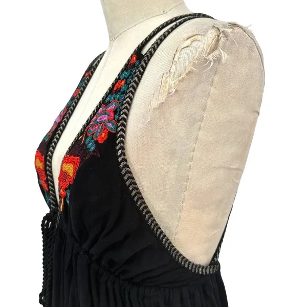 Free People Lovers Cove Embroidered Tassel Mini Dress‎ in Black Size XS - Image 5
