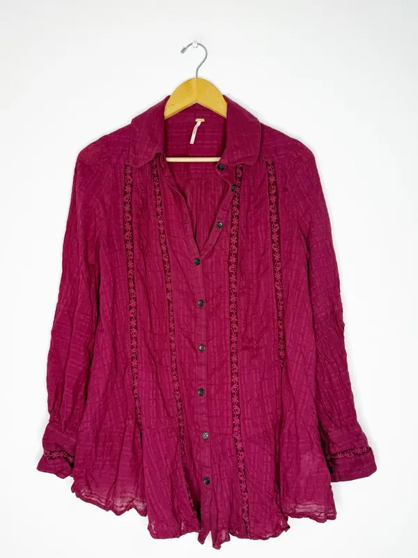 Free People Mikaela Tunic Magenta Belted Button Up Blouse Size Small - Image 2