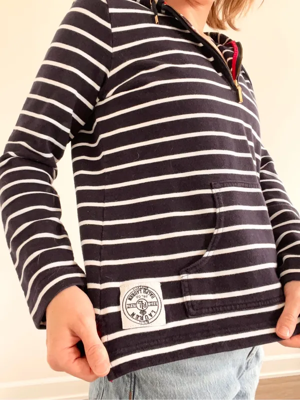 Ralph Lauren Navy and White Striped Half-Zip Hoodie with Red Accents - Image 5