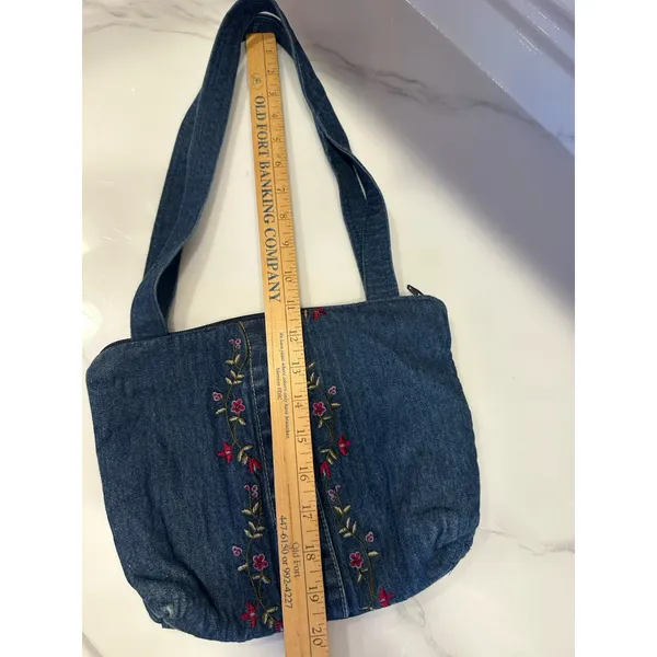 Vintage Handmade Blue Jean Purse Floral Embroidery Pocket Zip Close Boho Hipster - Image 5