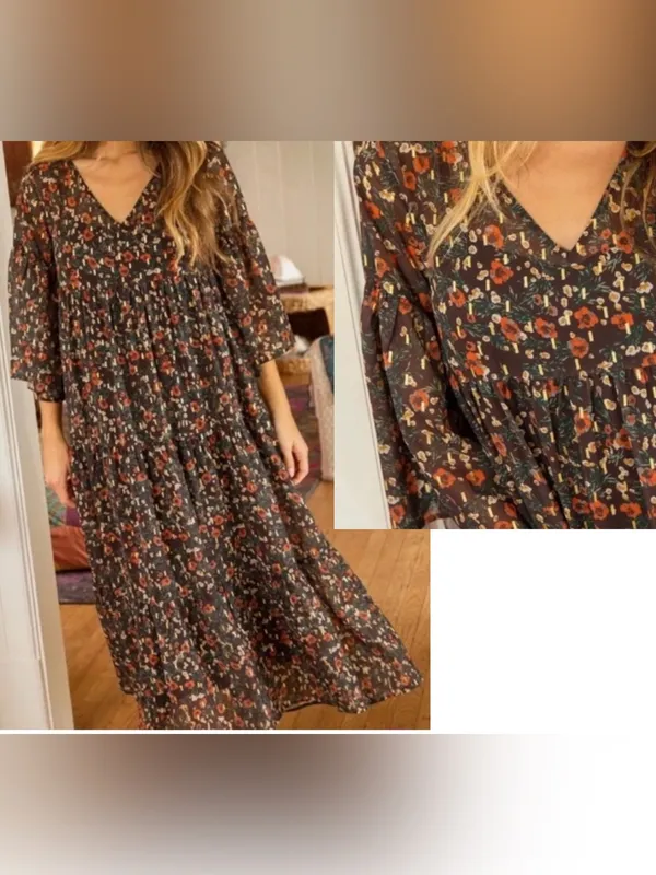 Natural Life Dress Size Small Brown Midi Floral V Neck Bell Sleeve Tiered Boho - Image 2