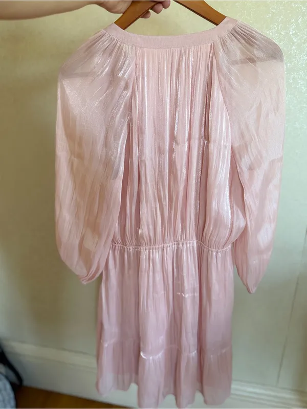LC Lauren Conrad Light Pink Shimmer Tiered Long-Sleeve Dress large - Image 7