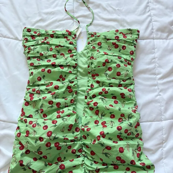 NWT Green Ruched Halter Tie Mini Bodycon Dress Womens‎ Size Small Cherry Summer - Image 9