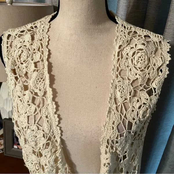 Sostanza Crochet Sweater Vest‎ Vintage Medium Boho Ramie Floral Hippie 90s Y2K - Image 7
