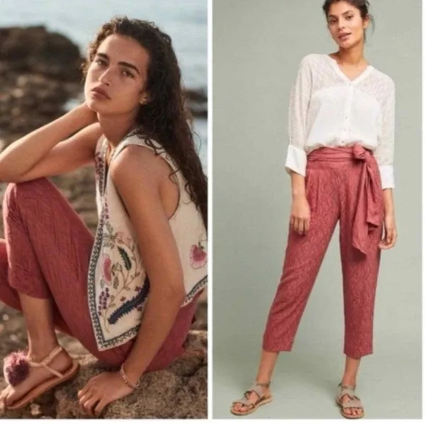 Anthropologie EttTwa Aubade‎ Mauve Tie Waist High Rise Textured Cropped Pants 4 - Image 2