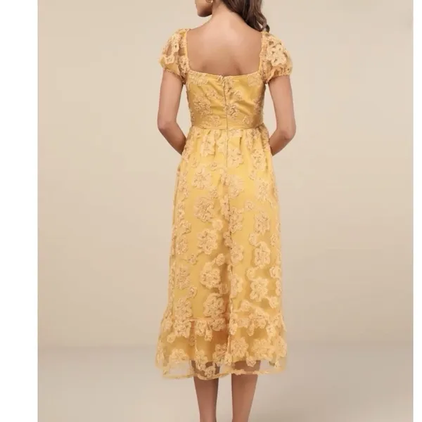 Lulus Notable Elegance Yellow Mesh‎ Floral Bustier Midi Dress Size LARGE Whimsy - Image 4