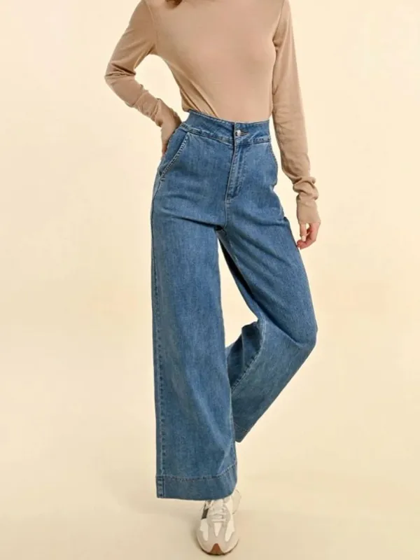 Molly Bracken High Waist Trouser Jean Straight Leg Wide Cuff Medium Wash 31x30 - Image 7