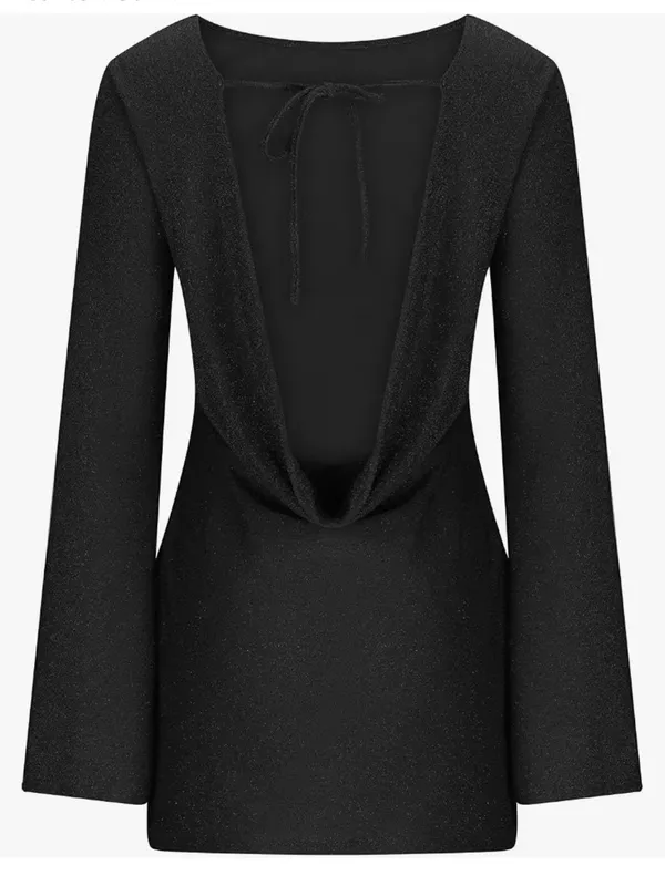 New! Black Sparkly Sequin Backless Tie Mini Long Sleeve mini dress - Image 4