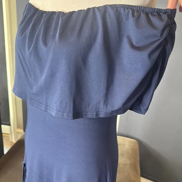 Women’s Navy Off-Shoulder Maxi Dress Pleated Skirt Size L - Image 8