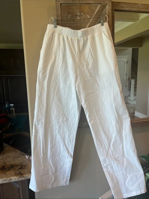 White Cotton Linen Elastic Waist Pull on Pants Women’s Large New - Image 4
