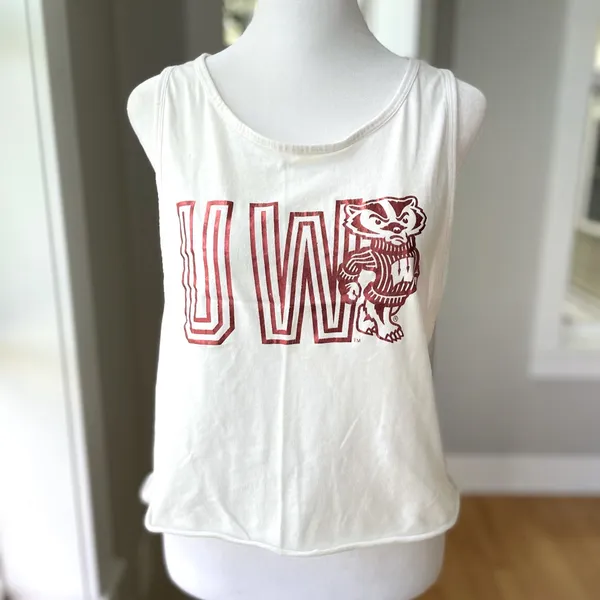 PINK UW Madison Badgers Cropped Backless Foil Print Graphic Tank Top Sz Large - Image 2