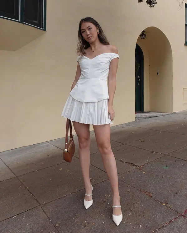 New Showpo IZARA Mini Dress Off Shoulder Pleated Dress In Off White Size 8 - Image 6