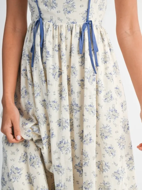 Floral Print Square Neck Contrast Pipinig Dress - Image 8