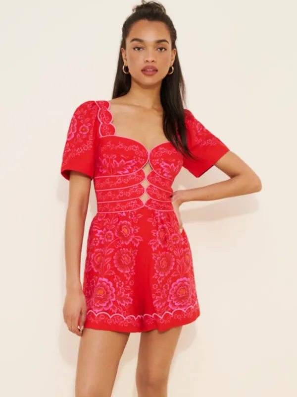 FARM Rio Olivia Red Floral Puff-Sleeve Mini Romper - Image 2