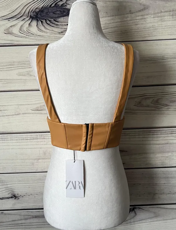 ZARA Tan Faux Leather V Neck Cropped Corset Top - Image 12
