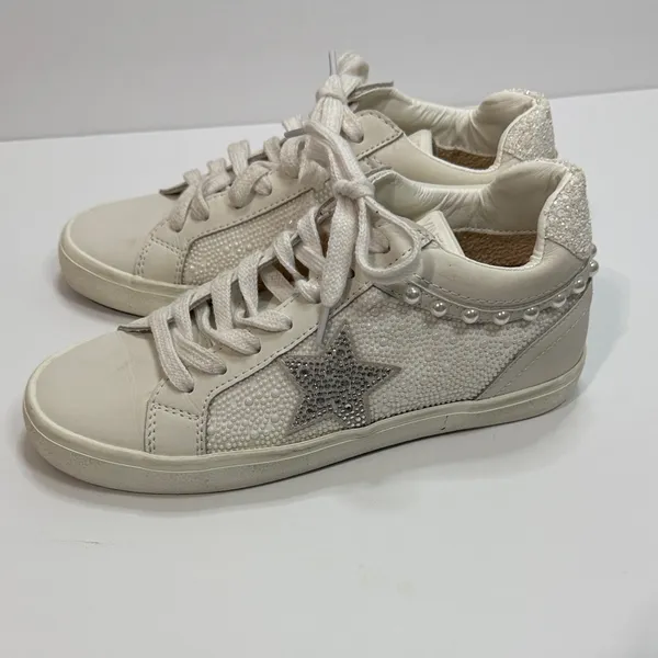 Vintage Cream and Silver Star Sneakers White Size 9 - Image 5