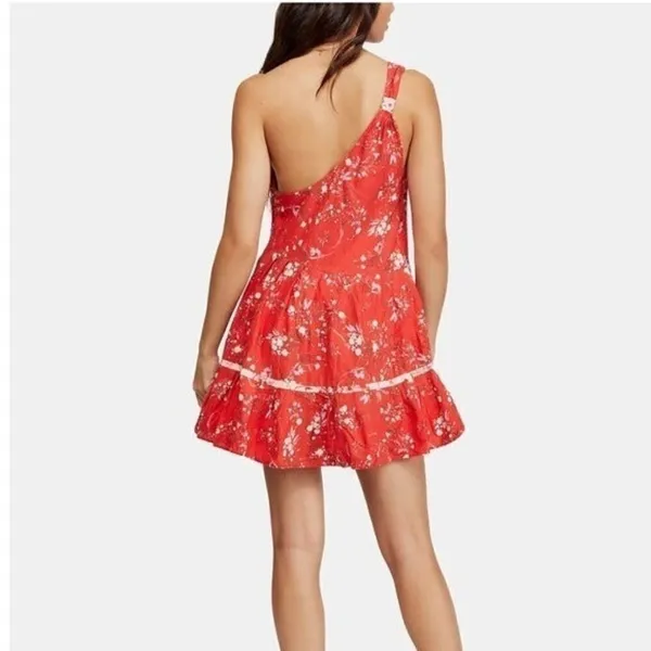 FREE PEOPLE All Mine Red Floral One Shoulder Ruffle Hem Mini Dress Size XS - Image 6