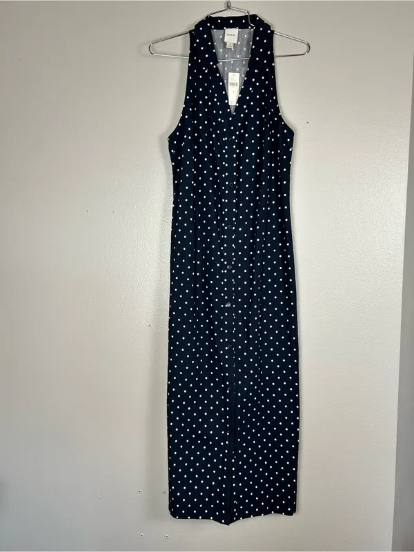Anthropologie Maeve Polka Dot Navy Halter Midi Dress Size S - Image 4