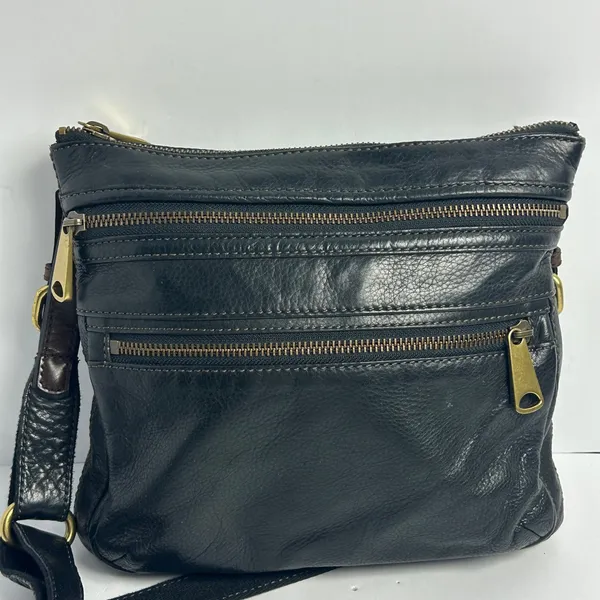 Fossil Vintage Black Leather Crossbody Bag Brown Trim Brass Key Y2K - Image 7