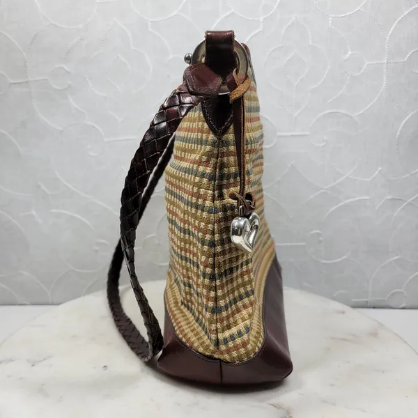 Brighton Tweed Purse Braided Leather Trim Heart Charm Brown Tan Check - Image 13