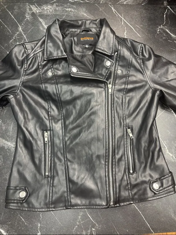 Ambiance Cropped Black Faux Leather Moto Jacket Medium Asym Zip BNWOT - Image 3