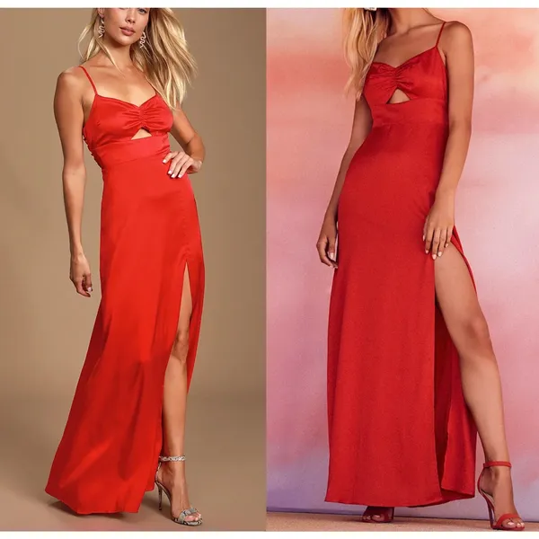 Lulus Renata Red Embossed Print Satin Keyhole Slit Adjust Maxi Dress Size M - Image 2