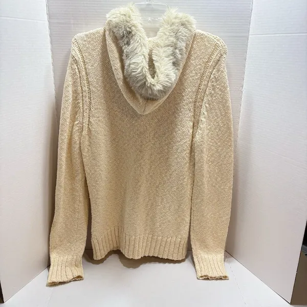 Vtg Old Navy Cable Knit Sweater Zip Up Faux Fur Collar Cream Beige Y2K XL - Image 4